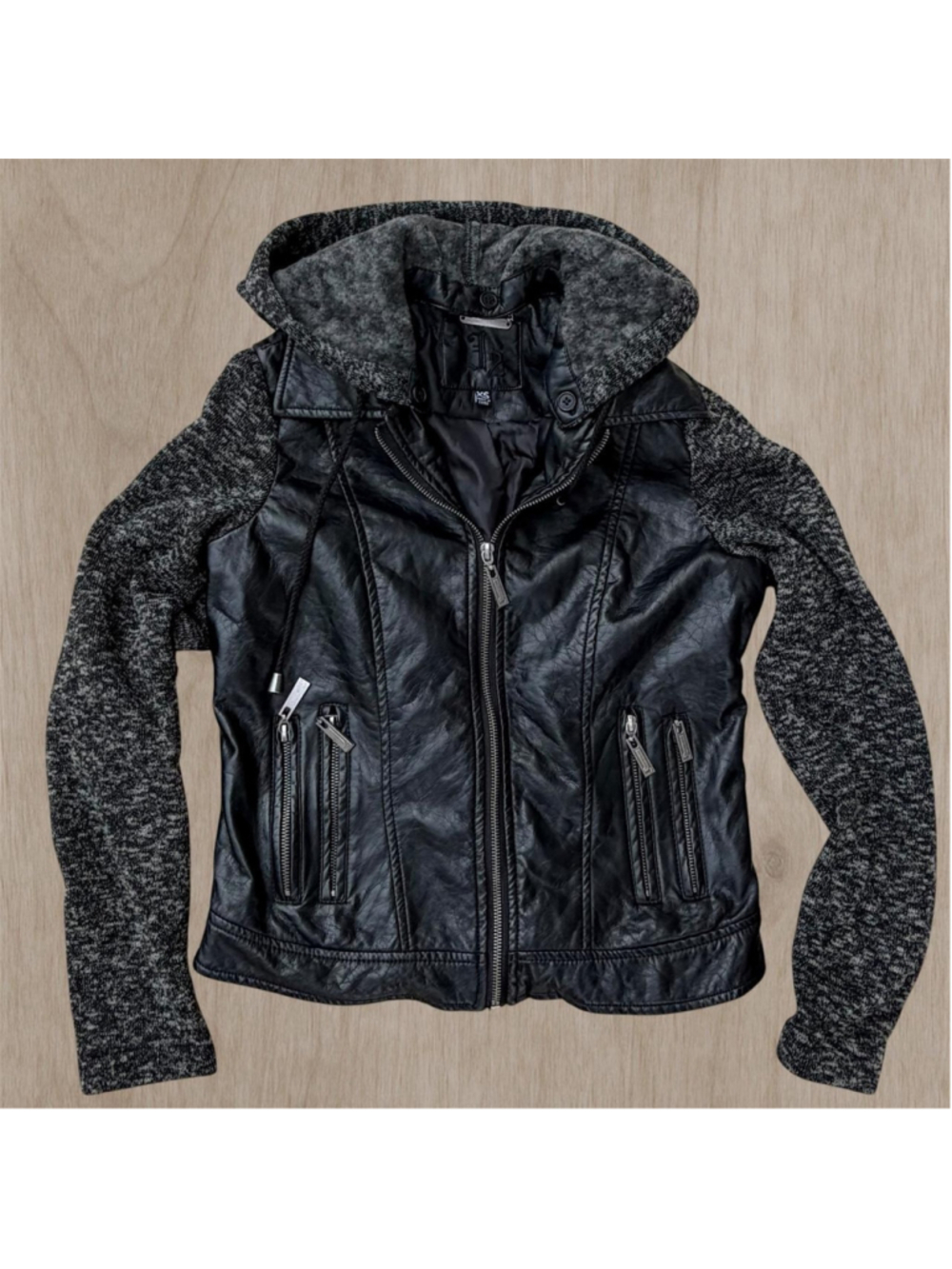 black faux leather jacket by J2 with grey knit sleeves & hood 🖤 size XS | EUC